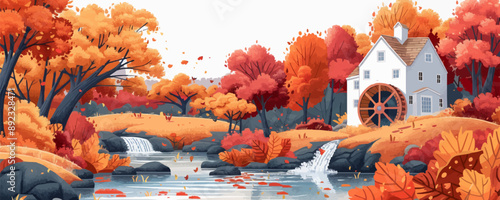 Serene countryside mill nestled beside a babbling brook, with a water wheel turning lazily. Vector flat minimalistic isolated illustration.