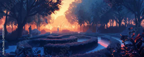 Enchanted garden maze with towering hedges, secret passages, and whimsical sculptures. Vector flat minimalistic isolated illustration.