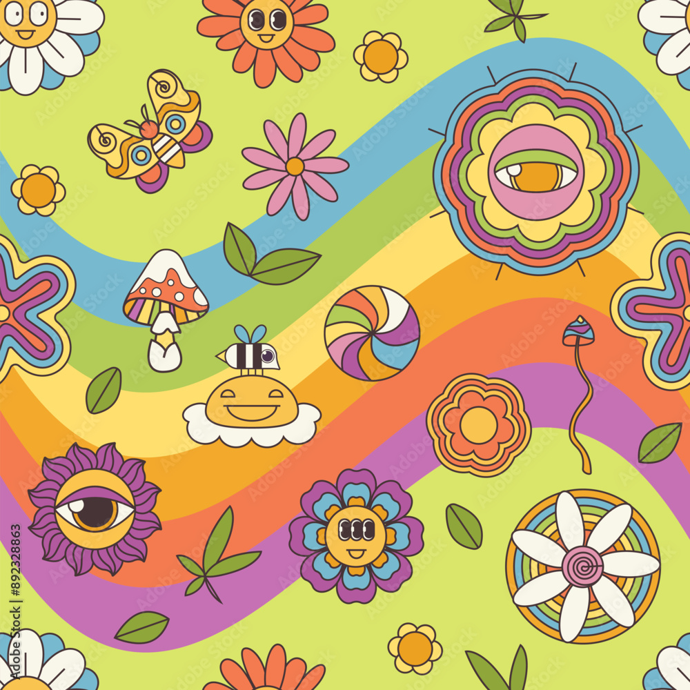 Groovy psychedelic summer flowers and wavy rainbow lines seamless pattern. Funny retro chamomile emoji with eyes and funky smile, bee in colorful hippy background of 70s 80s style vector illustration Groovy psychedelic summer flowers and wavy rainbow lines seamless pattern. Funny retro chamomile emoji with eyes and funky smile, bee in colorful hippy background of 70s 80s style vector illustration