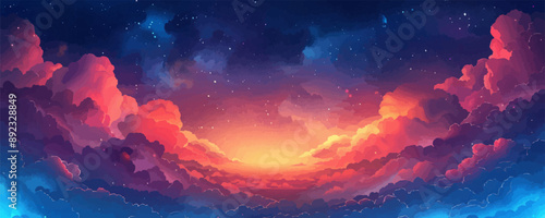 Dreamy celestial realm with ethereal clouds, celestial bodies, and a sense of wonder. Vector flat minimalistic isolated illustration.