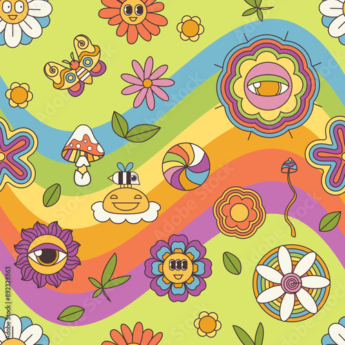 Groovy psychedelic summer flowers and wavy rainbow lines seamless pattern. Funny retro chamomile emoji with eyes and funky smile, bee in colorful hippy background of 70s 80s style vector illustration