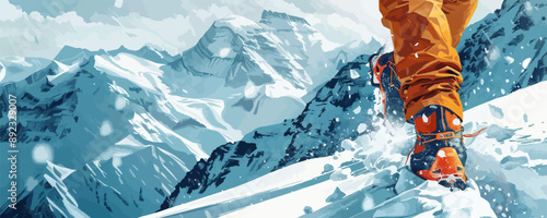 mountaineering man treks through the snow-capped mountains, his sturdy boots digging into the trail as he braves the chilly winds and steep terrain. vector simple illustration