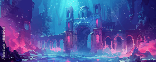 Whimsical underwater palace with grand halls, ornate archways, and merfolk swimming gracefully. Vector flat minimalistic isolated illustration.