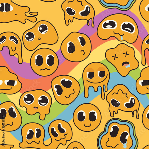 Groovy cartoon psychedelic seamless pattern with distorted yellow emoji on rainbow waves. Funny retro crazy faces of characters, melting emoticons in background of 70s 80s style vector illustration