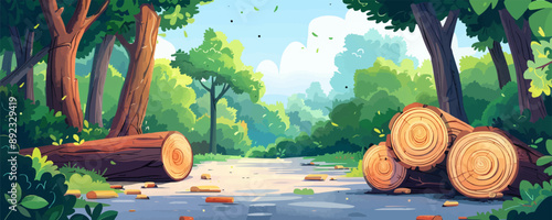 Fallen logs of trees from the forest lie on the road, transportation to the sawmill, green nature, fresh wood for construction, a path into the woods. vector simple illustration