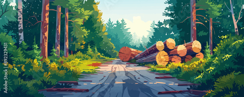 Fallen logs of trees from the forest lie on the road, transportation to the sawmill, green nature, fresh wood for construction, a path into the woods. vector simple illustration