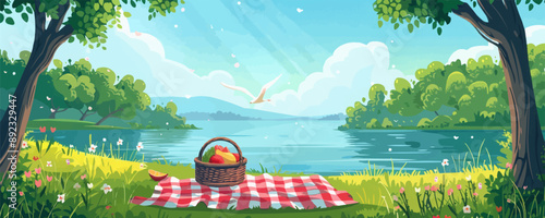 Idyllic riverside picnic spot with a checkered blanket and a basket of goodies. Vector flat minimalistic isolated illustration.