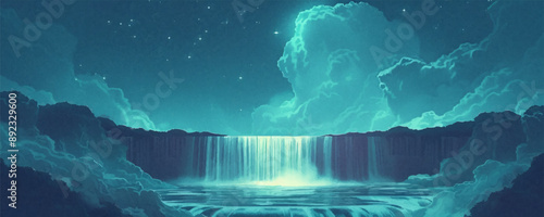 Dreamy celestial waterfall flowing from the heavens into a celestial pool, surrounded by stars. Vector flat minimalistic isolated illustration.
