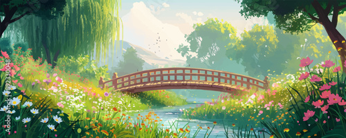 Serene countryside bridge over a babbling brook, with wildflowers and willow trees lining the banks. Vector flat minimalistic isolated illustration.