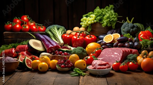 Variety of fresh produce, meat, and vegetables on wooden table. Perfect for food blogs, recipe websites, and healthy eating content.