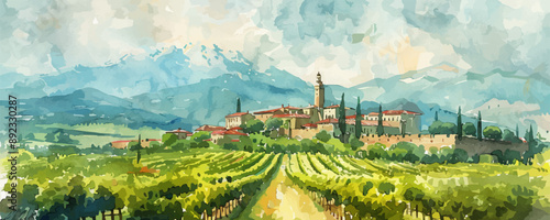 Vineyard on the background of medieval castle. Watercolor style. vector simple illustration