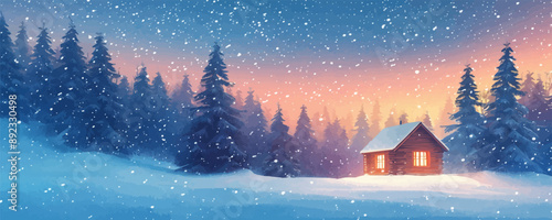 Cozy winter cabin nestled in a snowy forest glade, with a warm glow emanating from its windows. Vector flat minimalistic isolated illustration.