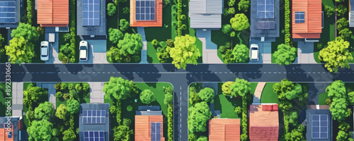 Houses with rooftop solar panels, top view houses of the future, green eco energy of the future, farm with solar panels. vector simple illustration