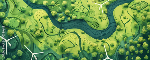 Landscape green with windmills and rivers, green energy, electricity generation, eco-concept, top view. vector simple illustration