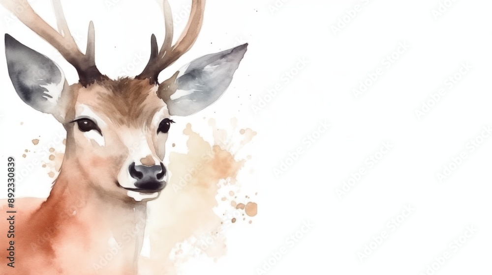 gentle watercolor on it the face of a cute Christmas deer with a red nose and garlands on the horns, snowflakes and glitter around it, on a white background with space for text, minimalism gentle watercolor on it the face of a cute Christmas deer with a red nose and garlands on the horns, snowflakes and glitter around it, on a white background with space for text, minimalism