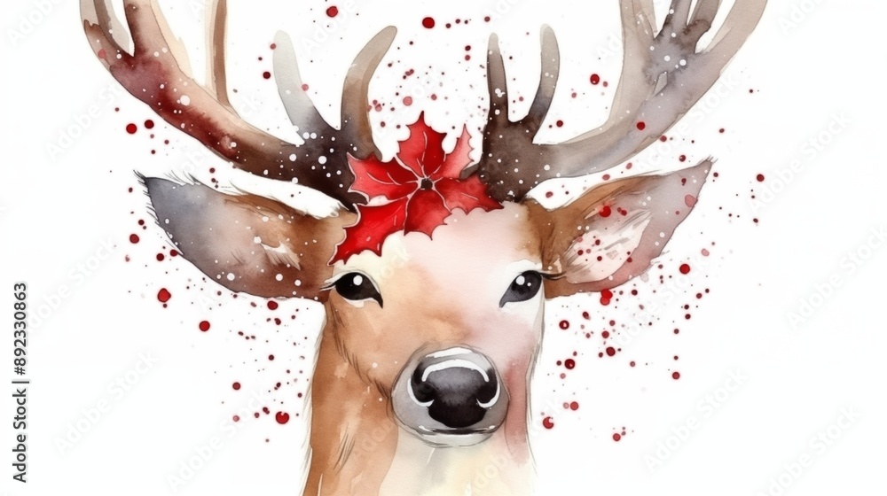gentle watercolor on it the face of a cute Christmas deer with a red nose and garlands on the horns, snowflakes and glitter around it, on a white background with space for text, minimalism gentle watercolor on it the face of a cute Christmas deer with a red nose and garlands on the horns, snowflakes and glitter around it, on a white background with space for text, minimalism
