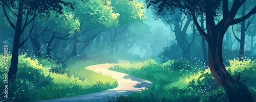 Tranquil countryside pathway winding through a lush green forest, with sunlight filtering through the trees. Vector flat minimalistic isolated illustration.