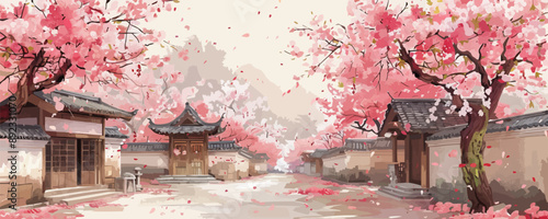Japanese cherry blossom sakura on the background of an old asian style house, tourism to asia during the flowering of plants and spring. vector simple illustration