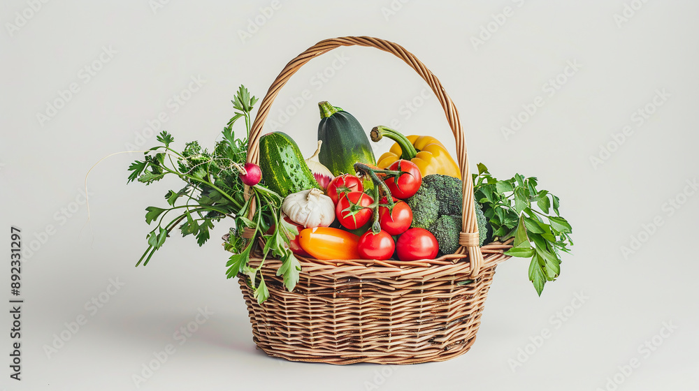 An assortment of fresh beautiful vegetables in a basket on a light background. An assortment of fresh beautiful vegetables in a basket on a light background.
