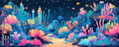Whimsical underwater mermaid kingdom with coral palaces, colorful fish, and mermaid statues. Vector flat minimalistic isolated illustration.