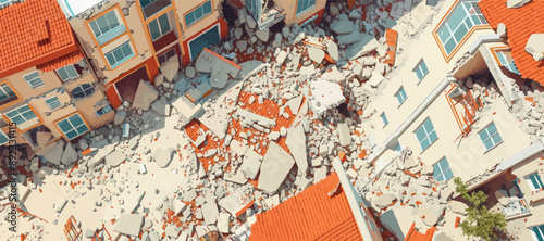 Earthquake aftermath in Turkey, Turkish victims, high-rise residential buildings, top view, destroyed houses, buildings, strong earthquake. vector simple illustration