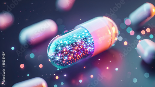 A vibrant capsule filled with colorful beads, showcasing modern pharmaceutical designs and innovative drug delivery systems.