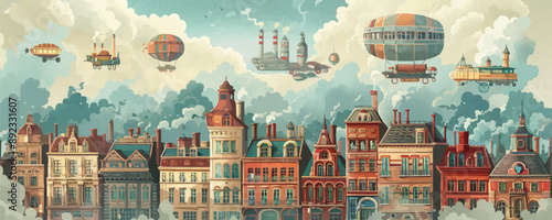 Whimsical steampunk cityscape with Victorian-style buildings and airships floating in the sky. Vector flat minimalistic isolated illustration.
