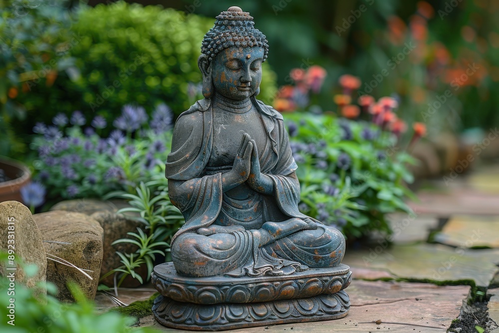 Buddha statue in Anjali Mudra pose outdoors in the garden. Generated AI Buddha statue in Anjali Mudra pose outdoors in the garden. Generated AI