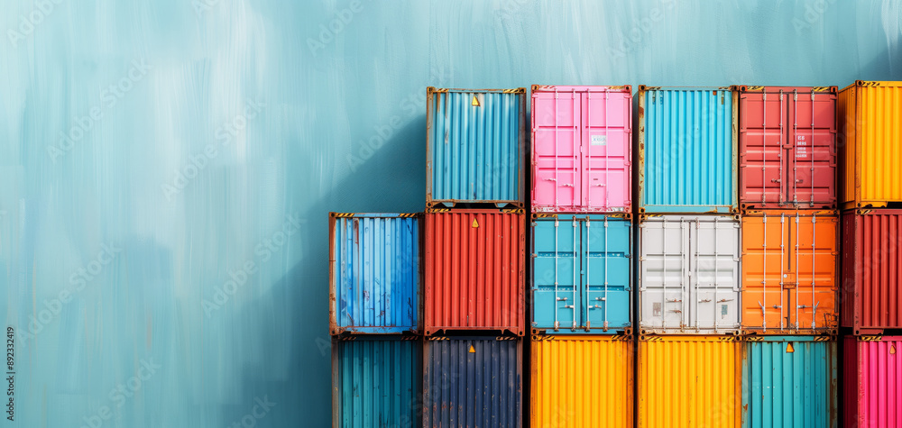 Fototapeta premium Colorful shipping containers stacked against a vibrant wall, showcasing a blend of industrial design and artistic flair.
