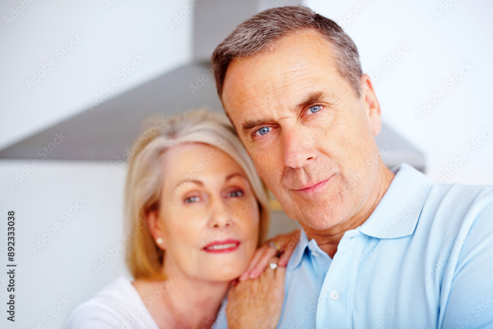 Mature couple, love and together for care and support, romance or closeup in home. Marriage, face or relax for bonding in retirement for man or female person in England, smile and portrait in house Mature couple, love and together for care and support, romance or closeup in home. Marriage, face or relax for bonding in retirement for man or female person in England, smile and portrait in house