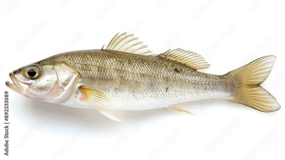 Fish with light brown scales on a white background, captured in a side view angle. Perfect for seafood product advertisements. Fish with light brown scales on a white background, captured in a side view angle. Perfect for seafood product advertisements.