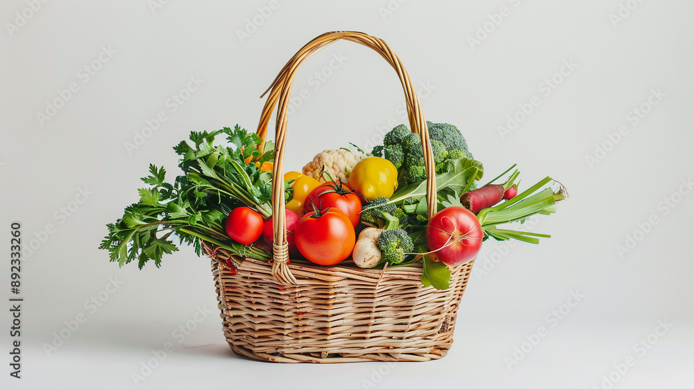 An assortment of fresh beautiful vegetables in a basket on a light background. An assortment of fresh beautiful vegetables in a basket on a light background.