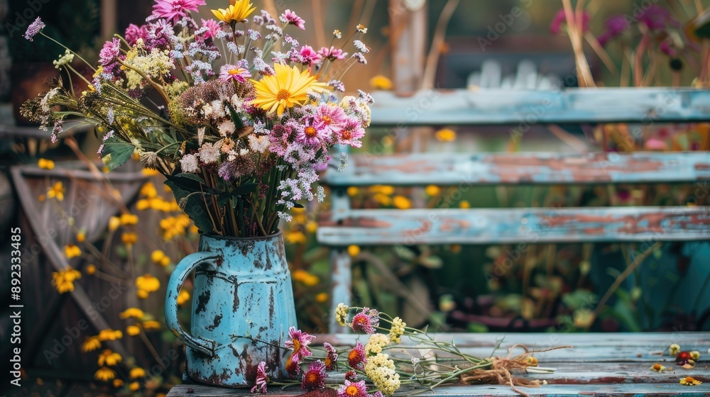 Autumn themed rustic home decor with wildflowers in vintage vase on patio Autumn themed rustic home decor with wildflowers in vintage vase on patio