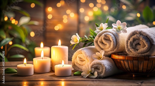 luxurious spa background with candles, rolled towels, and exotic plants on bokeh backgorund, relaxation and wellness concept for spa retreats and beauty salons