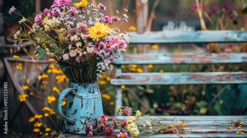 Autumn themed rustic home decor with wildflowers in vintage vase on patio