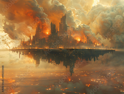 a large floating city with flames and smoke emanating from it, set against a dramatic sky.