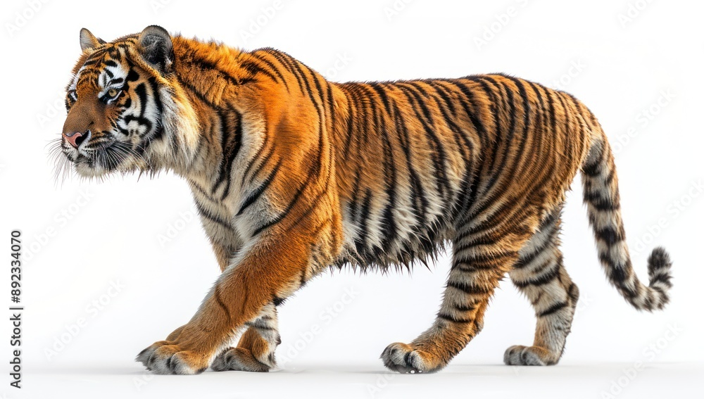 Obraz premium Striking Tiger in Motion, Isolated on White