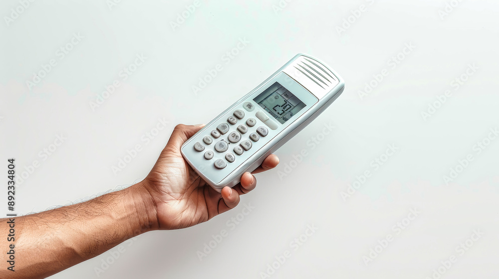 A close-up of a hand holding a white remote control for a climate system, against a clean white backdrop A close-up of a hand holding a white remote control for a climate system, against a clean white backdrop