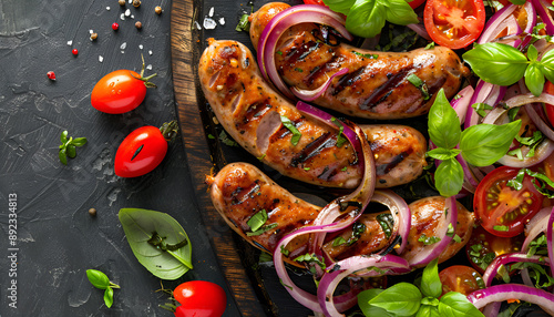 Grilled sausage with tomatoes, basil salad and red onions. BBQ menu. Banner. Top view
