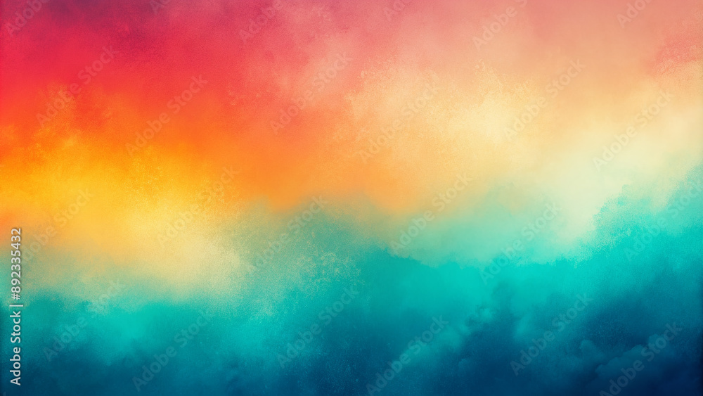 Fototapeta premium Vibrant teal, orange, and pink hues merge in a grainy, noisy gradient background, evoking a lively, summery atmosphere, perfect for abstract poster designs and digital art.
