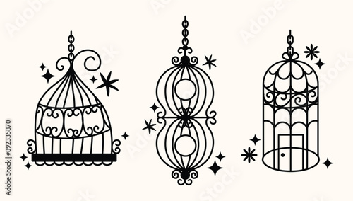 Set of different outlined cages. Line art ornamental bird cages collection, metal animal transport handing cages. Vector modern illustration isolated on background