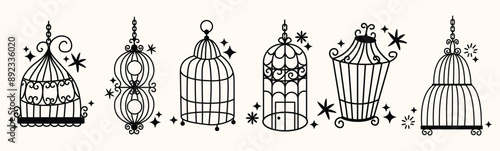 Set of different outlined cages. Line art ornamental bird cages collection, metal animal transport handing cages. Vector modern illustration isolated on background