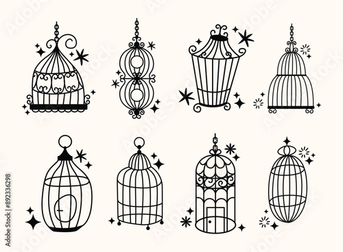 Set of different outlined cages. Line art ornamental bird cages collection, metal animal transport handing cages. Vector modern illustration isolated on background