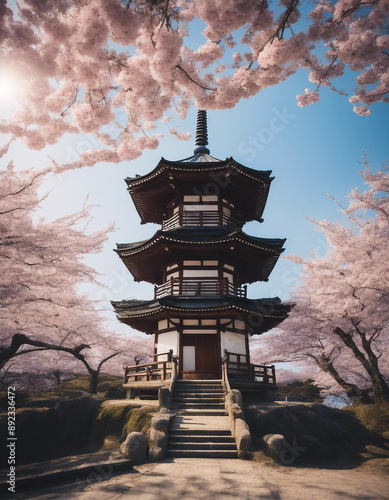 Traditional Japanese pagoda surrounded by cherry blossoms in full bloom, with soft, diffused morning
 photo