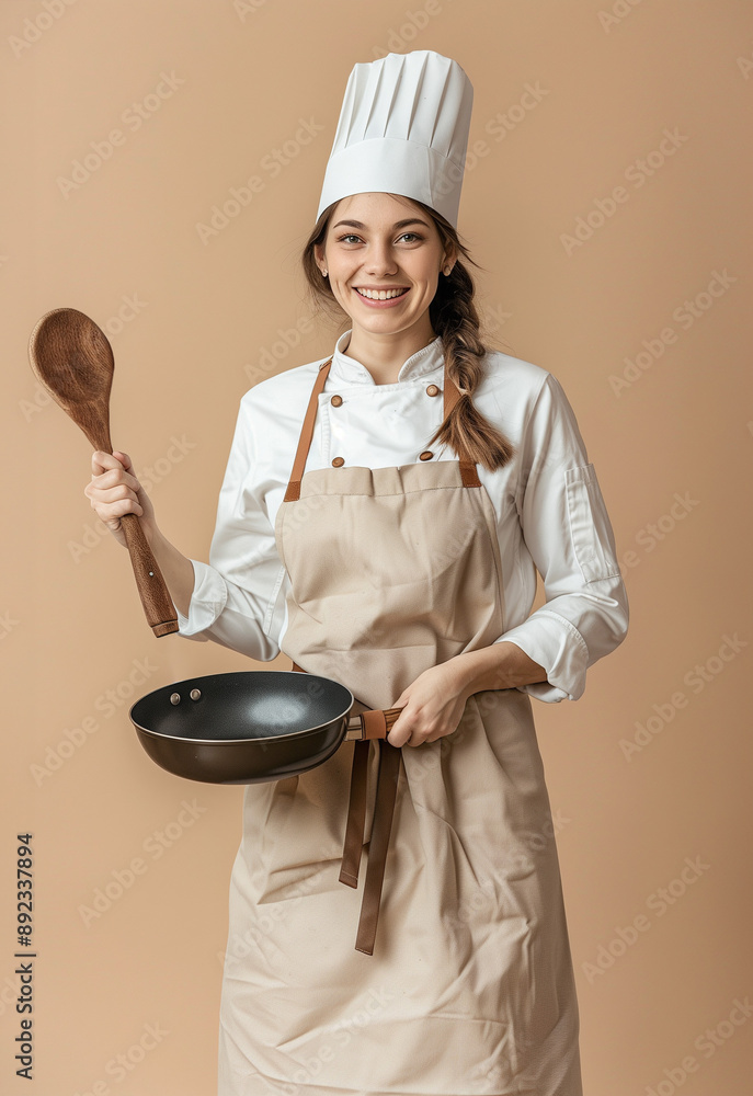 beautiful happy young woman wearing apron and holding a pan beautiful happy young woman wearing apron and holding a pan