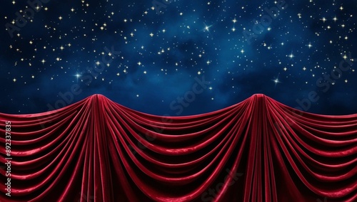a deep blue night sky with twinkling small golden stars drops like a blue screen made of velvet similar to the heavy red velvet screens in the theatre