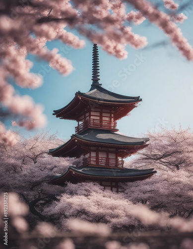 Traditional Japanese pagoda surrounded by cherry blossoms in full bloom, with soft, diffused morning
 photo