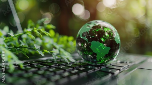 Technology with the concept of nature. Laptop keyboard with green globe. Efficient technology. Digital sustainability. Environmentally friendly technology, sustainable development goals