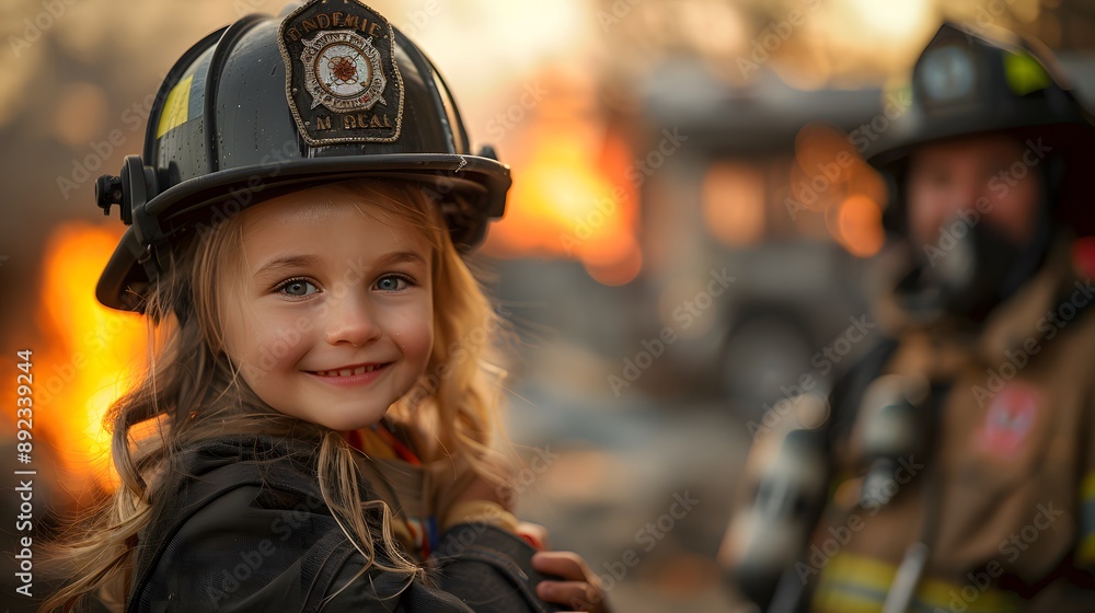 A little girl wearing a firefighter's helmet and smiling. A man in a firefighter's uniform is standing behind her A little girl wearing a firefighter's helmet and smiling. A man in a firefighter's uniform is standing behind her