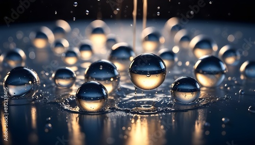 Reflective, liquid metal spheres gather on a dark surface, with a stream of liquid flowing downwards and reflecting light. photo